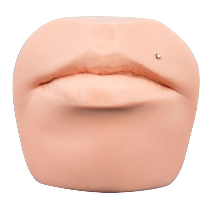 2.5mm diamond flat back labret shown in Monroe lip piercing placement on silicone lip model