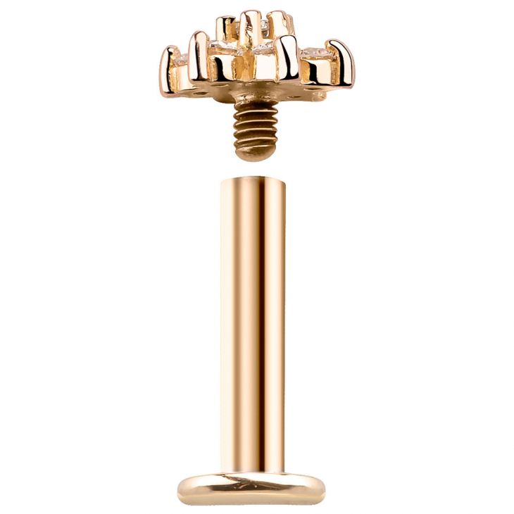 Rose gold flat back labret post disassembled showing internally threaded connection and flat disc back