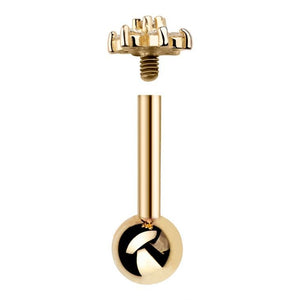 14k yellow gold flower cartilage stud disassembled, showing threaded post, ball backing, and flower top
