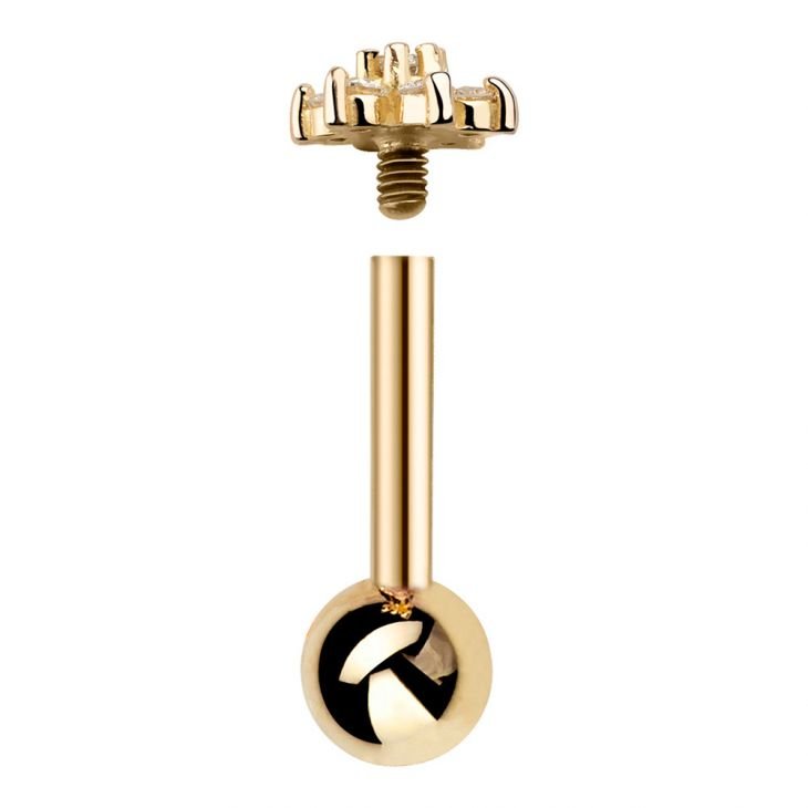 14k yellow gold flower cartilage stud disassembled, showing threaded post, ball backing, and flower top