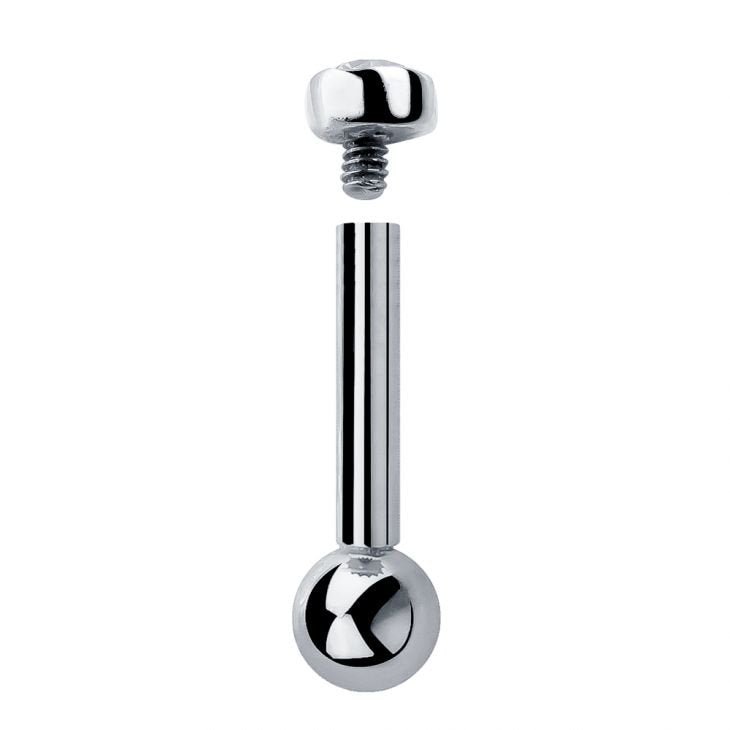 14k white gold internally threaded cartilage barbell disassembled, showing post and ball back