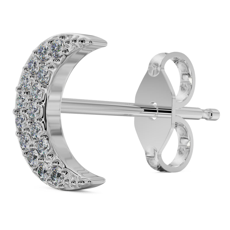 Side profile of 14k white gold diamond moon stud showing post length and butterfly backing detail