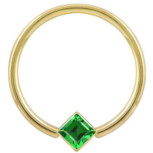 14k yellow gold fixed bead ring with green princess-cut CZ in corner bezel setting, front view