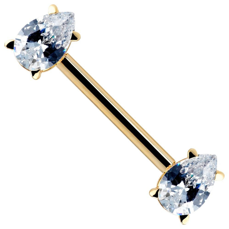 14k yellow gold straight barbell with two pear-cut CZ ends in prong settings, angled view