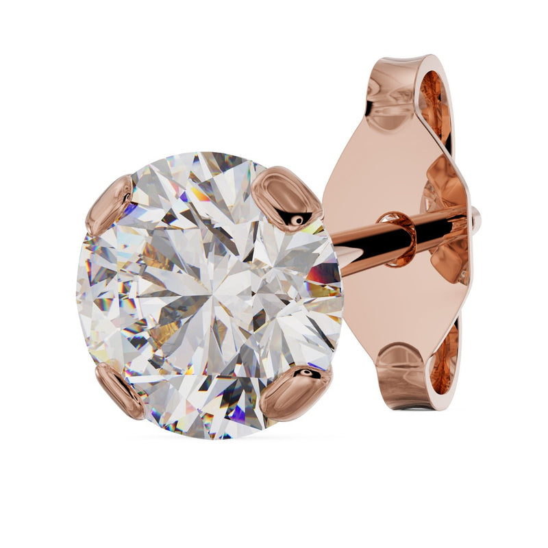 4mm round diamond stud in 14k rose gold low-set prong setting, angled view showing post and backing