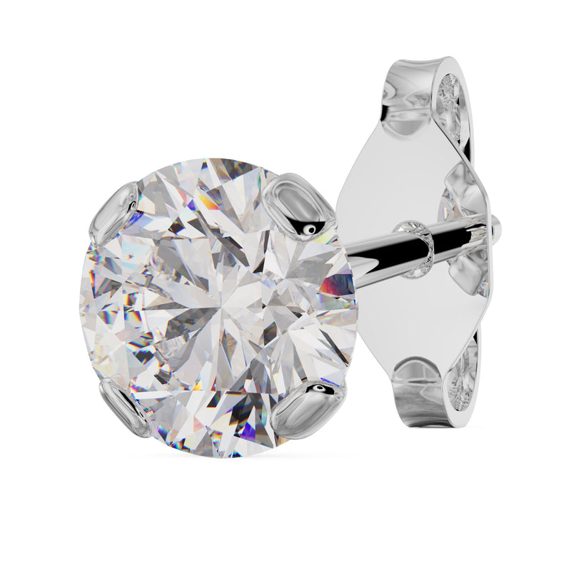 4mm round diamond stud in 14k white gold low-set prong setting, angled view showing post and backing