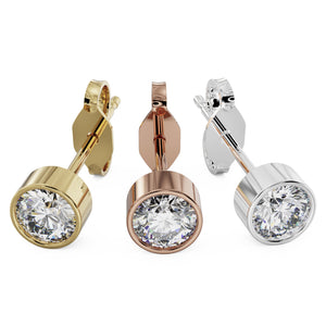 4mm bezel-set diamond stud earring in all three 14k gold options: yellow, rose, and white gold