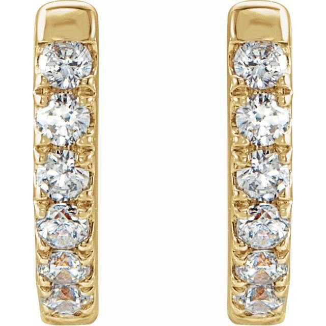 Close-up front view of 14k yellow gold diamond huggie hoops highlighting individual round diamond sparkle