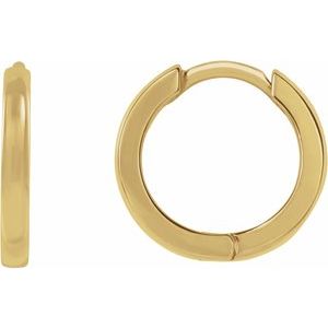 Pair of 14k yellow gold 8mm huggie hoop earrings shown together, front and side angle view