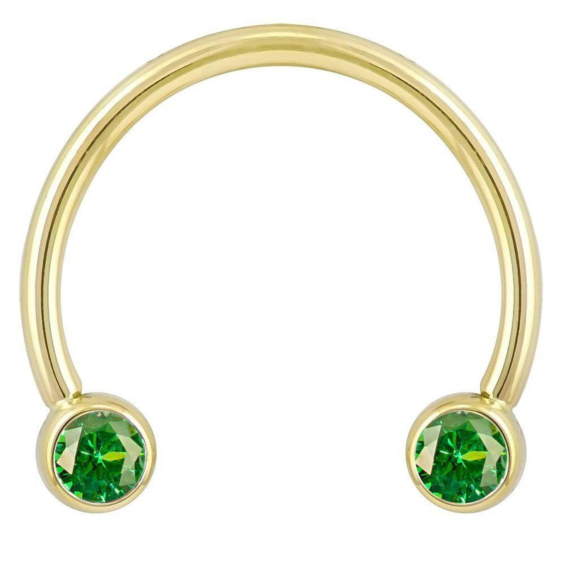 14k yellow gold green CZ circular barbell, smaller diameter front view highlighting bezel settings