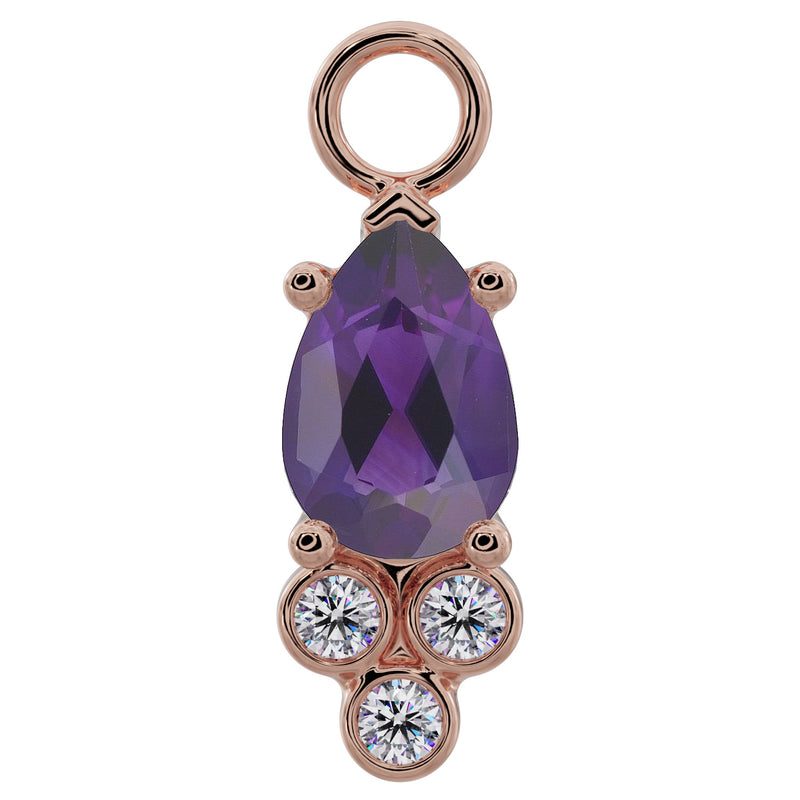 14K rose gold pear-cut amethyst piercing charm with bezel-set diamond trio accent, front view