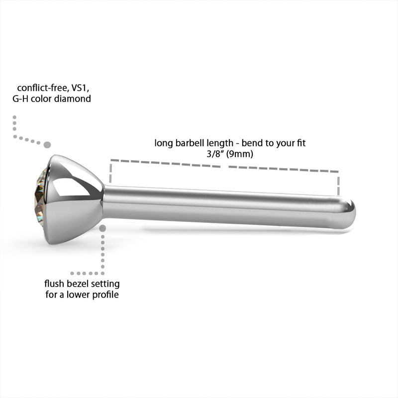 Straight pin post diamond nose stud annotated with 9mm bendable barbell length and bezel setting details
