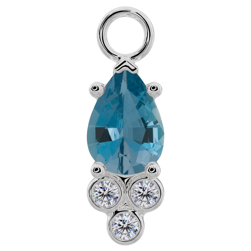 950 platinum pear-cut aquamarine piercing charm with triple bezel-set diamond accent cluster, front view