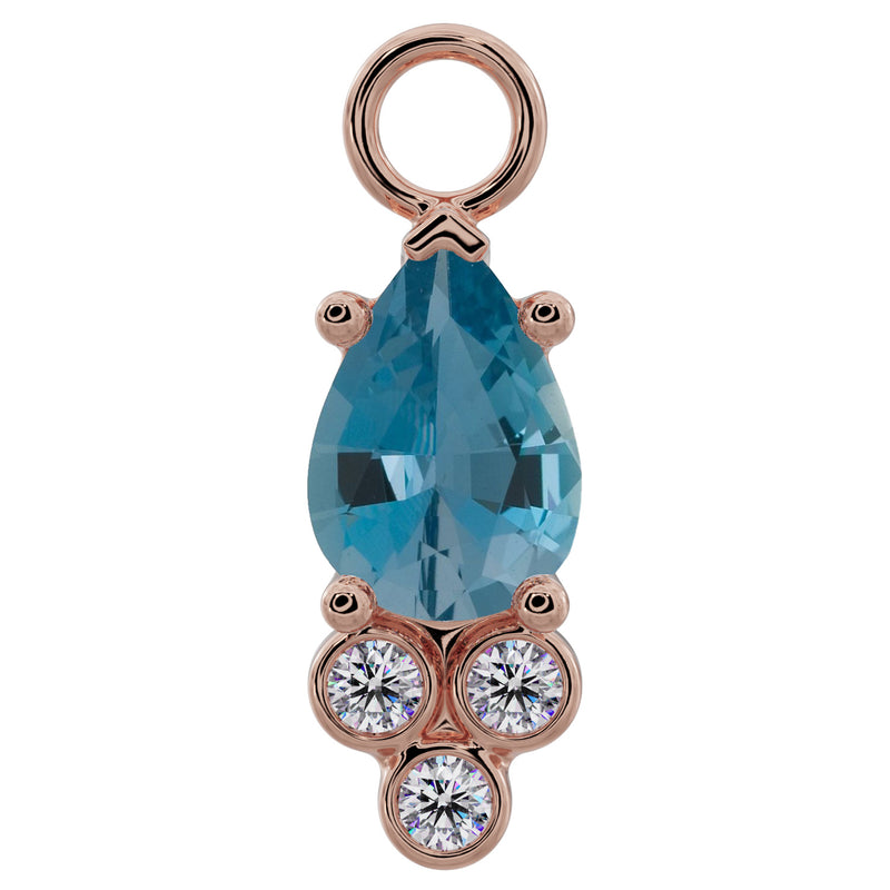 14K rose gold pear-cut aquamarine piercing charm with three bezel-set diamond accents, front view