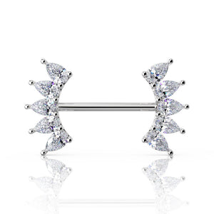 14k white gold nipple barbell with 10 pear-cut white sapphires in crescent settings, front view