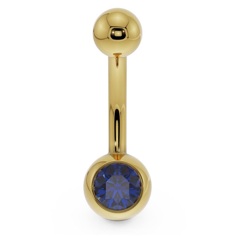 14K yellow gold navel ring with blue CZ in rounded bezel setting, front view
