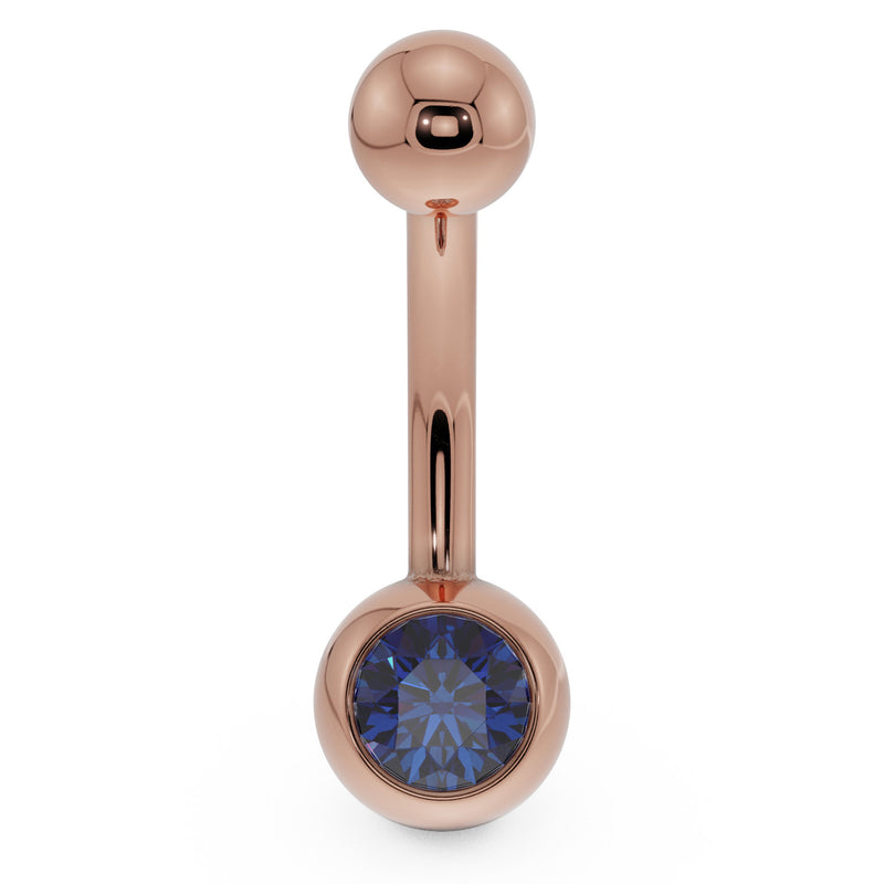 14K rose gold navel ring with blue CZ in round bezel ball setting, front view