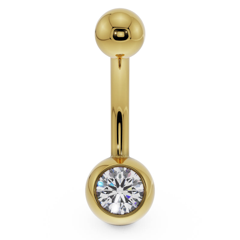 14K yellow gold belly button ring with clear CZ bezel setting, front view