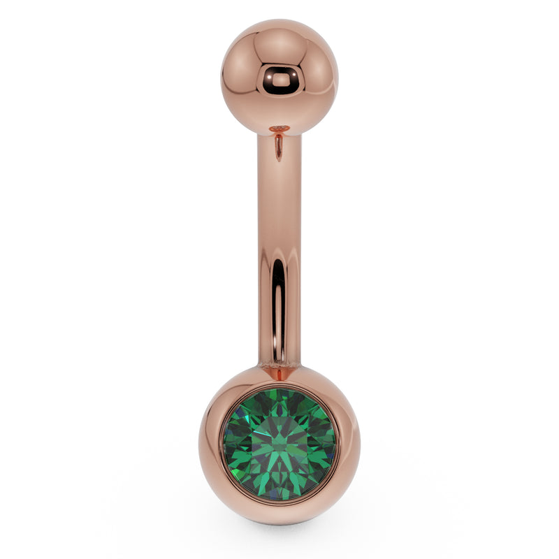 14K rose gold navel ring with green CZ in rounded bezel setting, front view