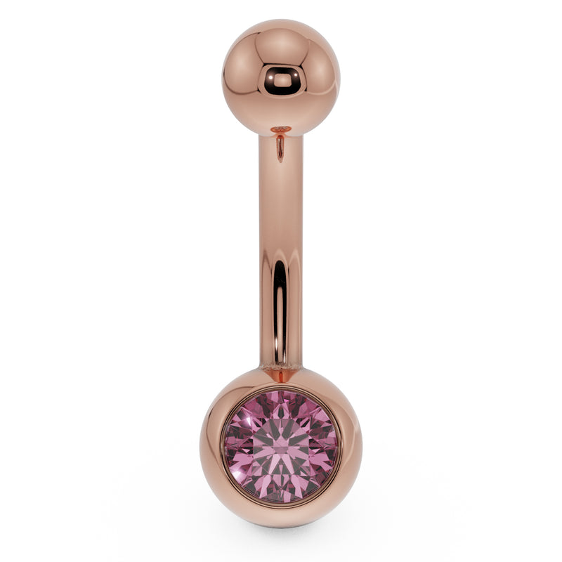 14K rose gold navel ring with pink CZ in rounded bezel ball setting, front view