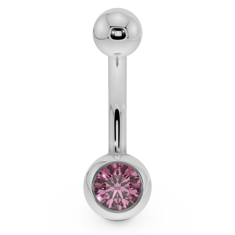 14K white gold belly button ring with pink CZ bezel ball setting, front view