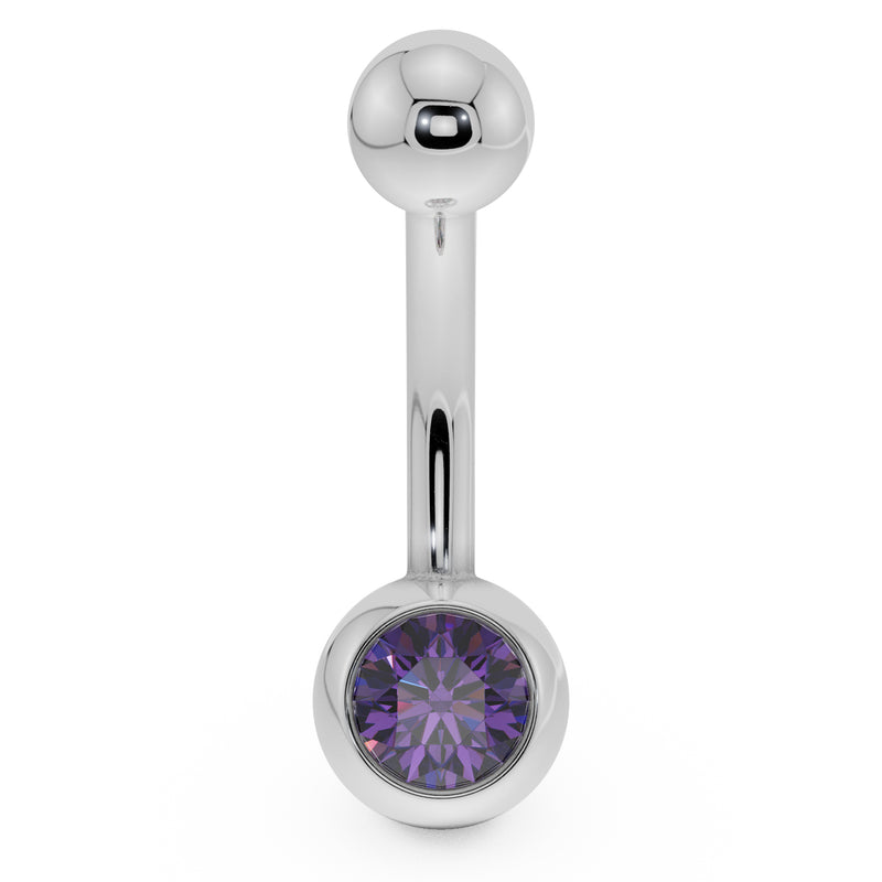 14K white gold belly button ring with purple CZ bezel setting, front view