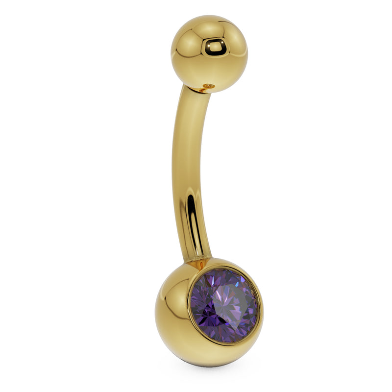 Side profile of 14K yellow gold belly button ring with purple CZ bezel ball