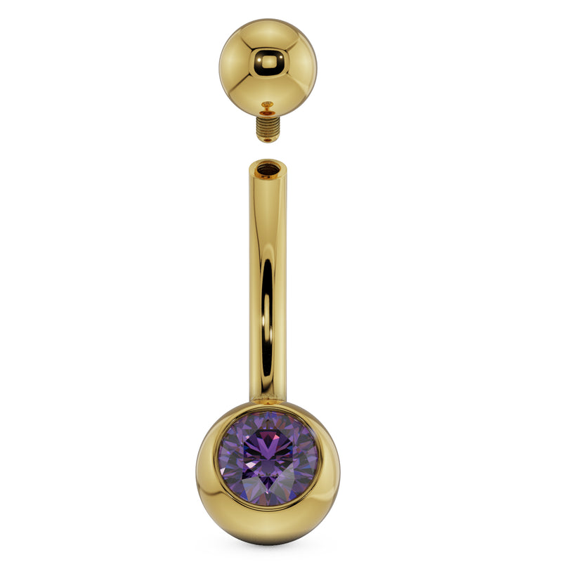 14K yellow gold belly ring with purple CZ showing internally threaded top ball detached