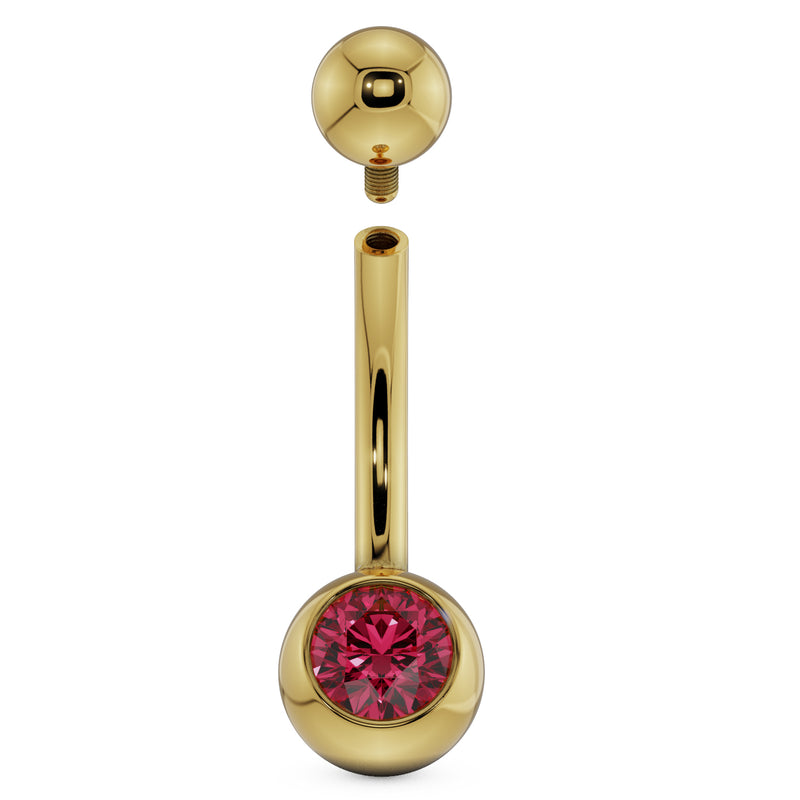 14K yellow gold belly ring with red CZ showing internally threaded top ball detached