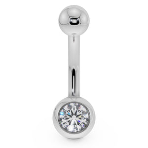 14k white gold navel ring with 0.25ct round-cut diamond in bezel ball setting, front view