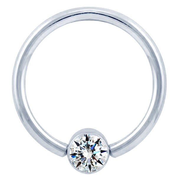 14K white gold fixed bead ring with bezel-set round diamond, front view