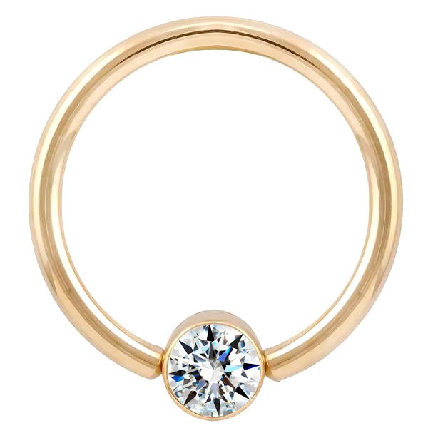 14K yellow gold fixed bead ring with bezel-set round diamond, front view