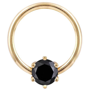 14K yellow gold fixed bead ring with six-prong black diamond, front view