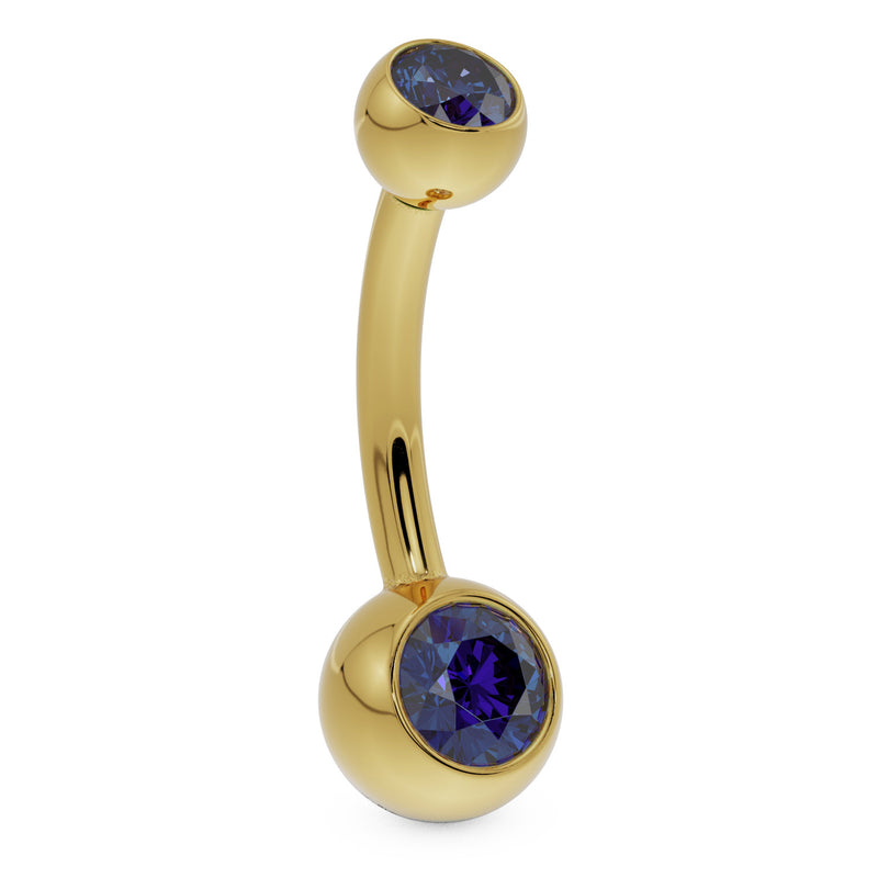 14k yellow gold double blue CZ belly ring, angled side profile showing bezel detail