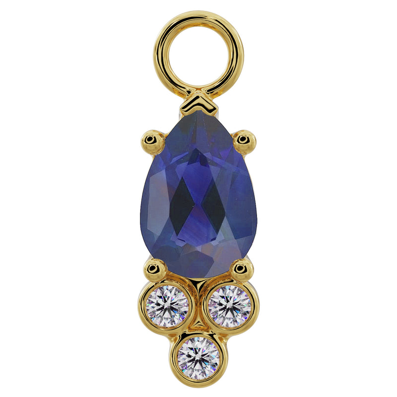 14K yellow gold pear-cut blue sapphire piercing charm with triple bezel-set diamond cluster, front view