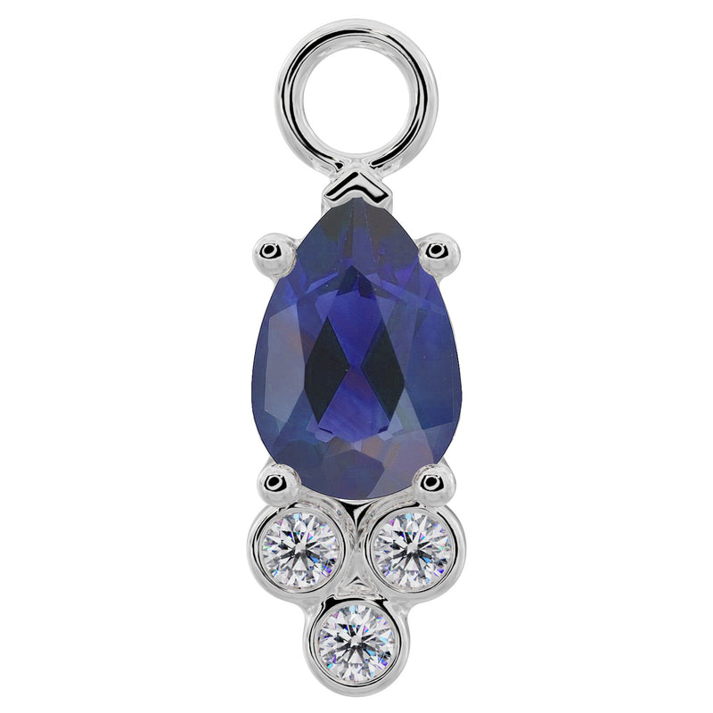 950 platinum pear-cut blue sapphire piercing charm with three bezel-set diamond accents, front view