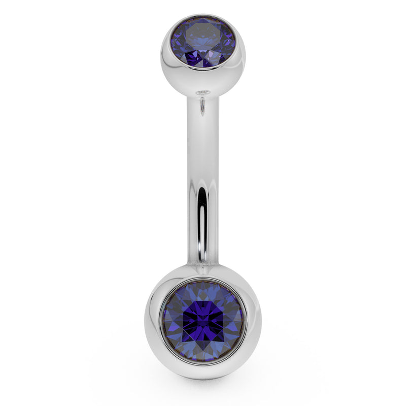 14k white gold double CZ belly ring with blue bezel-set stones, front view