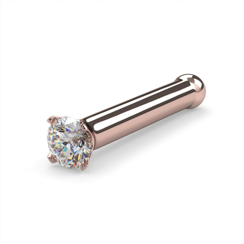14k rose gold 1.5mm diamond nose bone stud, 18G, angled view with rose gold ball end