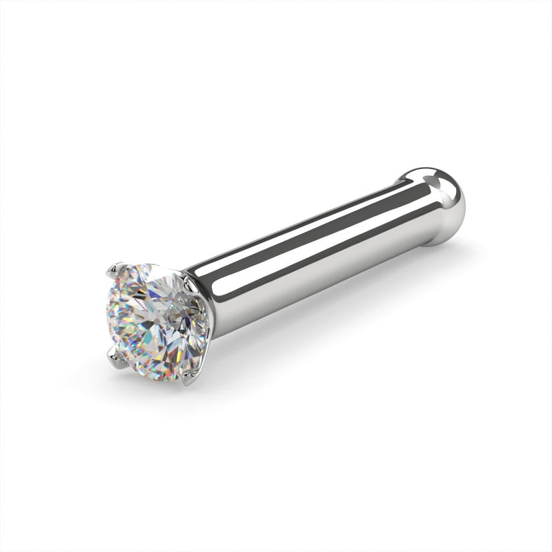 Platinum 1.5mm diamond nose bone stud, 18G, angled side view with polished platinum ball end