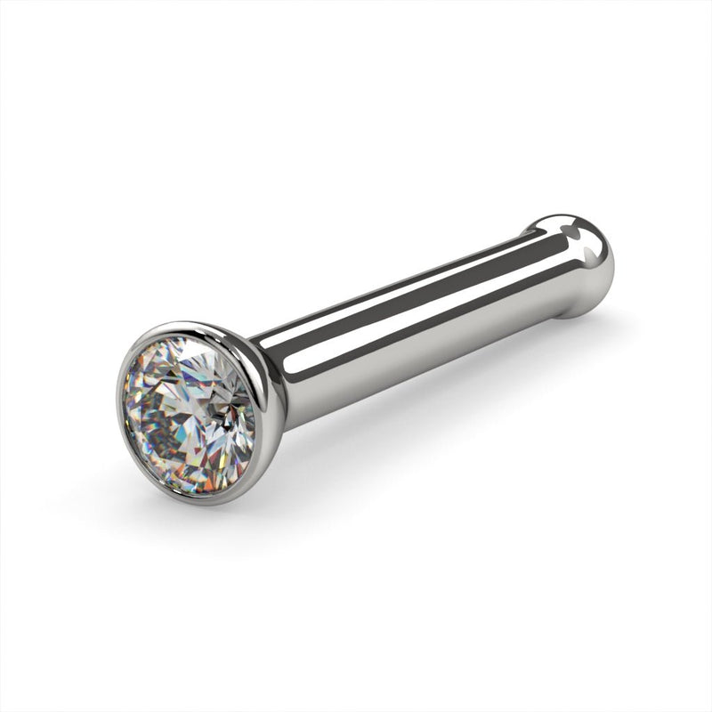 Platinum 1.5mm diamond bezel nose bone stud, angled view showing ball end and sparkling VS1 diamond