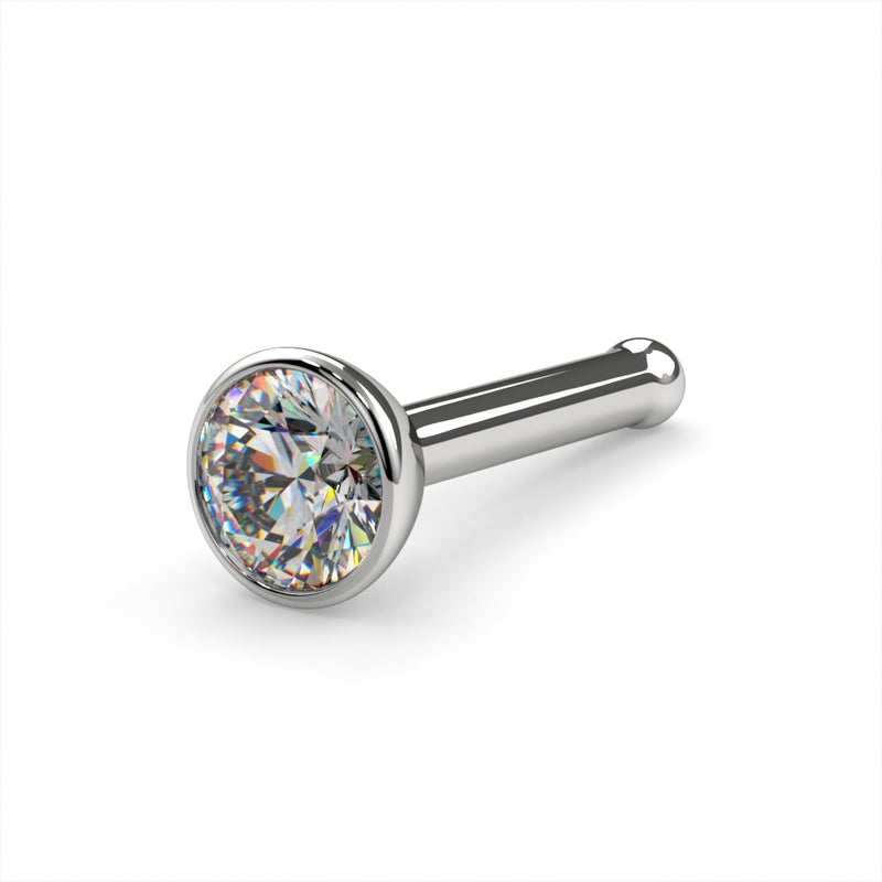 Platinum 2.5mm diamond bezel nose stud bone style, angled view showing ball end and flush setting