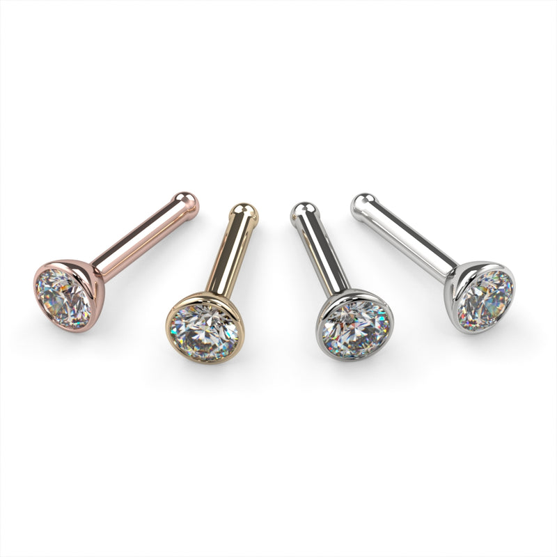 2.5mm diamond bezel nose bone stud in four metal colors: rose gold, yellow gold, white gold, platinum