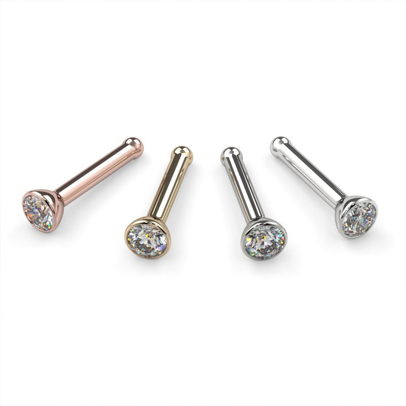 Diamond bezel nose bone stud in rose gold, yellow gold, platinum, and white gold, all colors shown