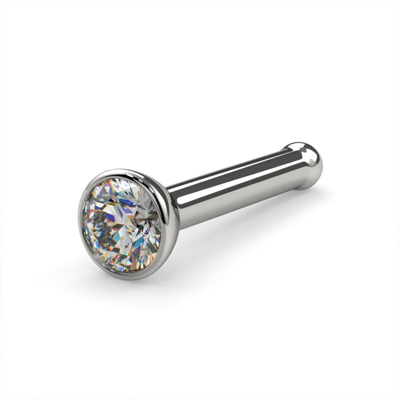Platinum 2mm VS1 diamond bezel nose bone stud, angled view showing ball end and post