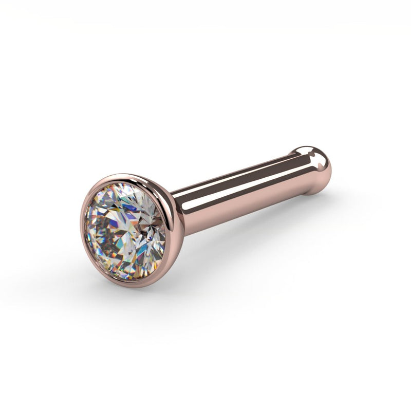 14k rose gold 2mm diamond bezel nose bone stud, angled view showing ball-end post