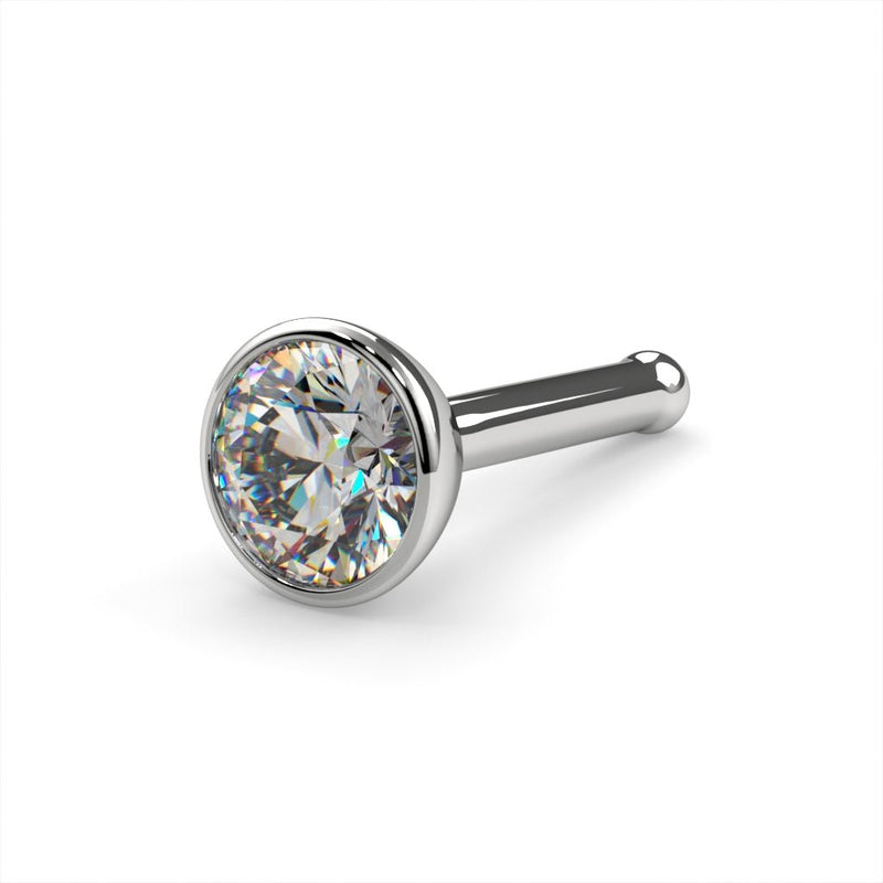 Platinum 3mm diamond bezel nose bone stud, angled view showing ball end and flush VS1 diamond setting