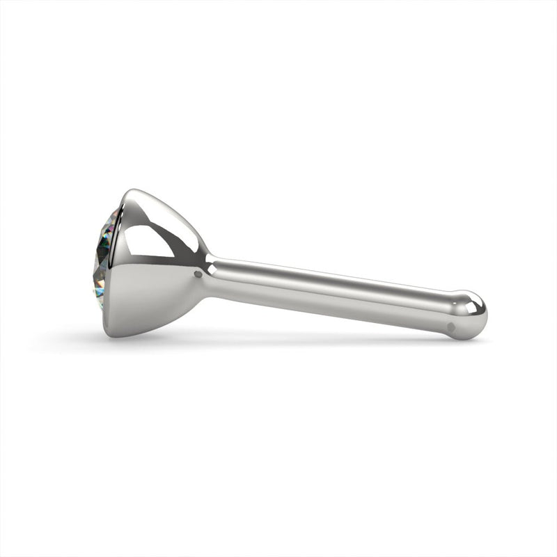 Side profile of 14k white gold diamond bezel nose stud showing straight post with ball end