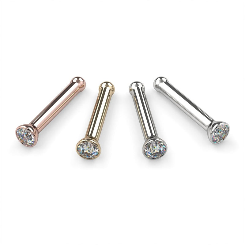 1.7mm diamond bezel nose bone stud in all four metals: rose gold, yellow gold, white gold, platinum