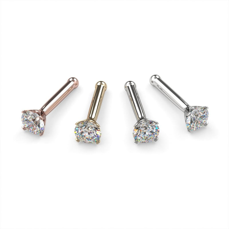2.5mm diamond bone nose stud in rose gold, yellow gold, white gold, and platinum, all four metal colors