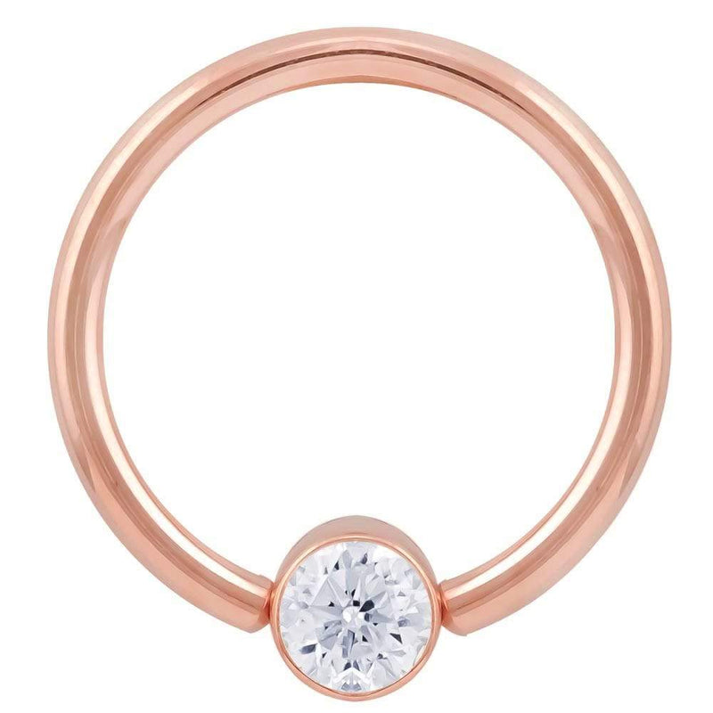 14k rose gold CZ bezel fixed bead ring, front view showing warm rose tone and round-cut CZ bead